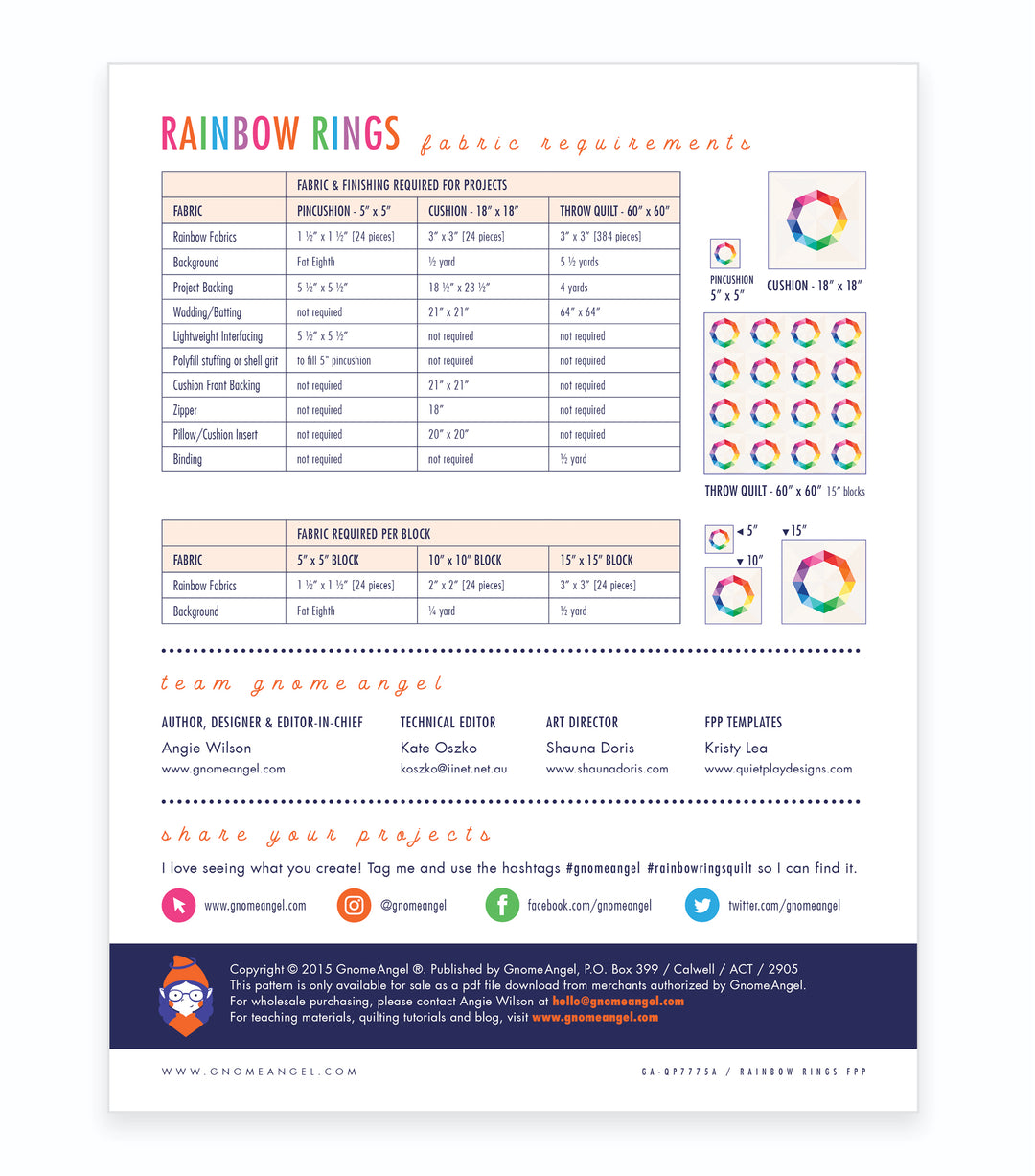 PATTERN: Rainbow Rings: Single Block Quilt with Pincushion and Cushion