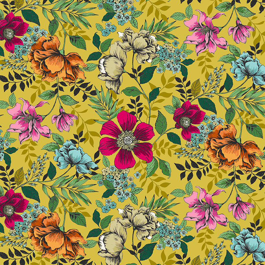 Makower UK - Jewel Tones - Jewel Floral - Yellow Mimosa