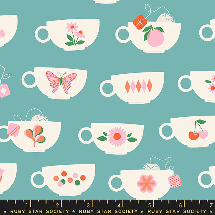Ruby Star Society - Moda - Camellia - Tea Cups - Turquoise